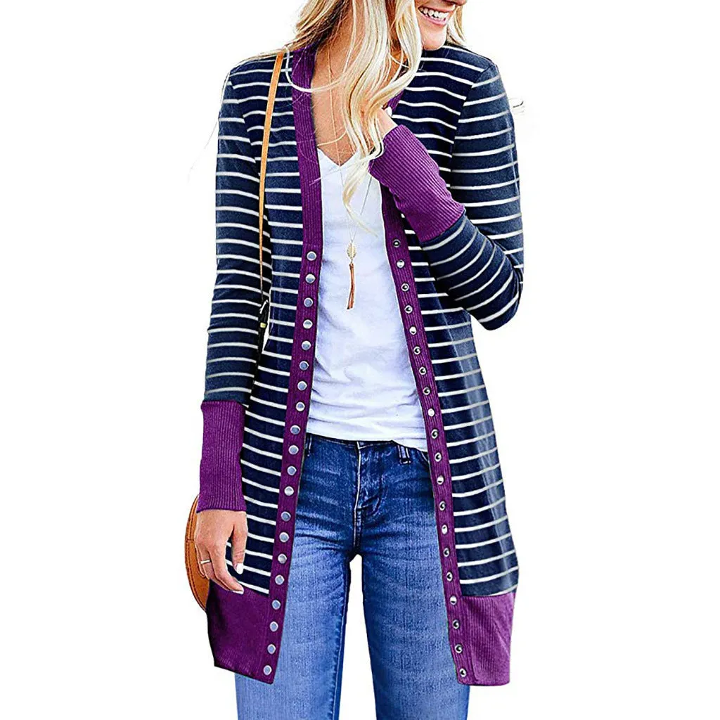 Autumn And Winter Plus Size Women's Fashionable Mid-length Button Striped Cardigan