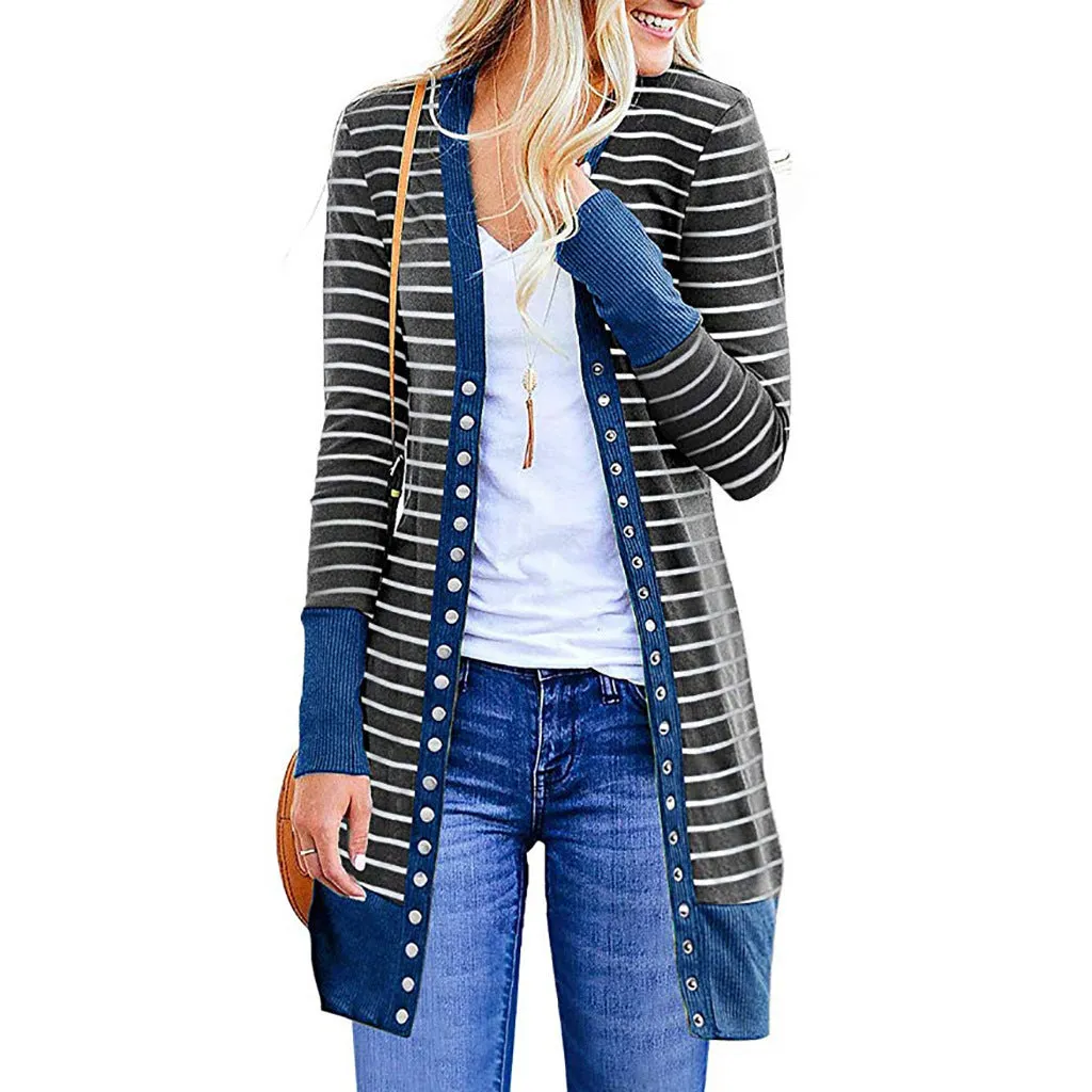 Autumn And Winter Plus Size Women's Fashionable Mid-length Button Striped Cardigan