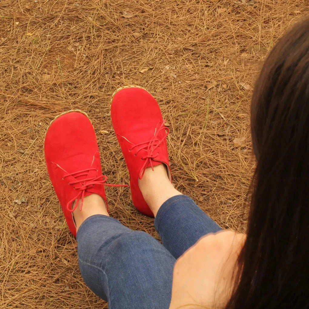 Barefoot Oxford Shoes Women - Laced Nubuck Red