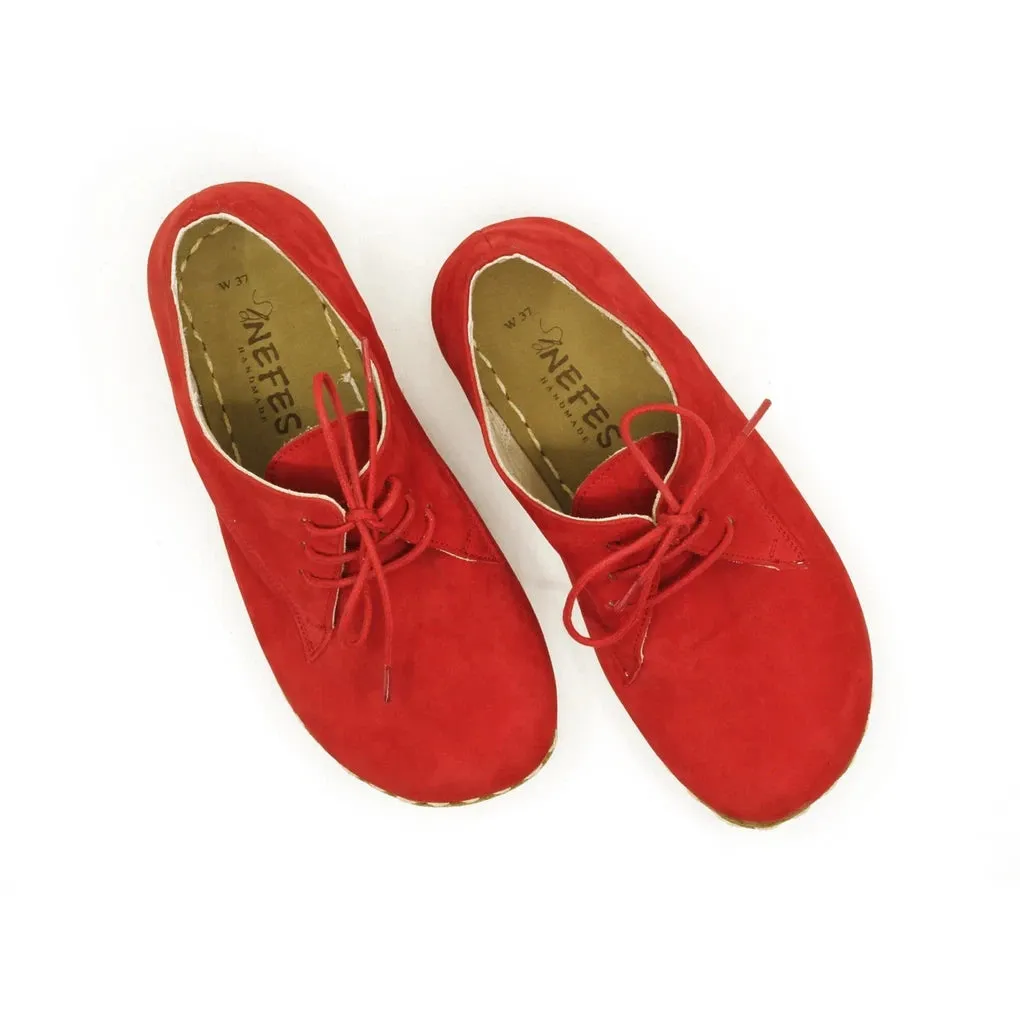 Barefoot Oxford Shoes Women - Laced Nubuck Red