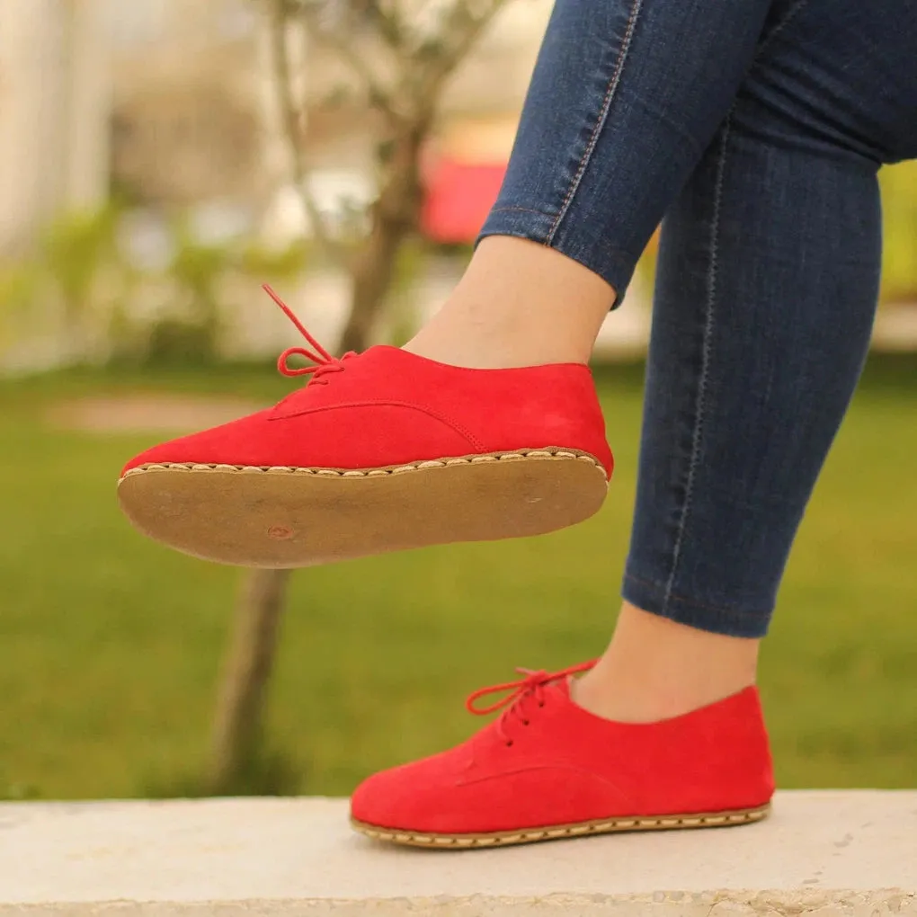 Barefoot Oxford Shoes Women - Laced Nubuck Red