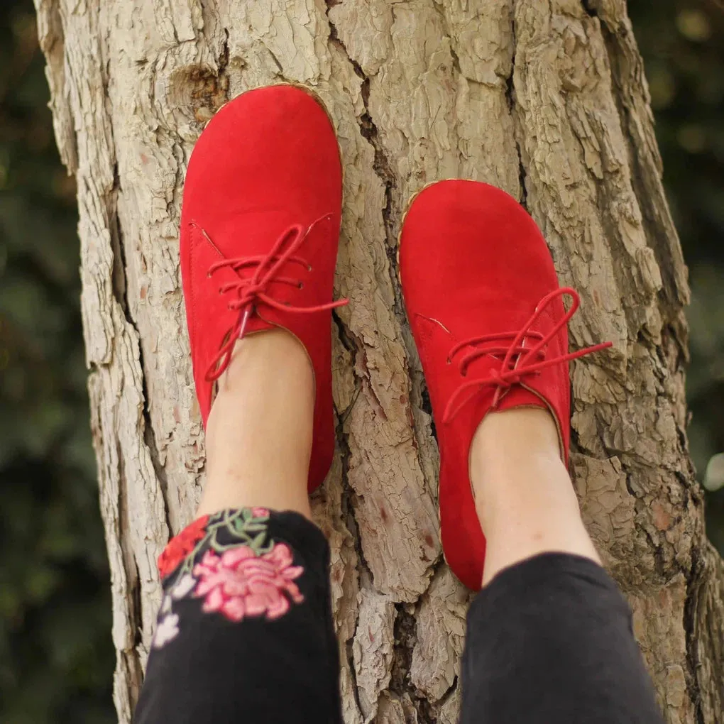 Barefoot Oxford Shoes Women - Laced Nubuck Red