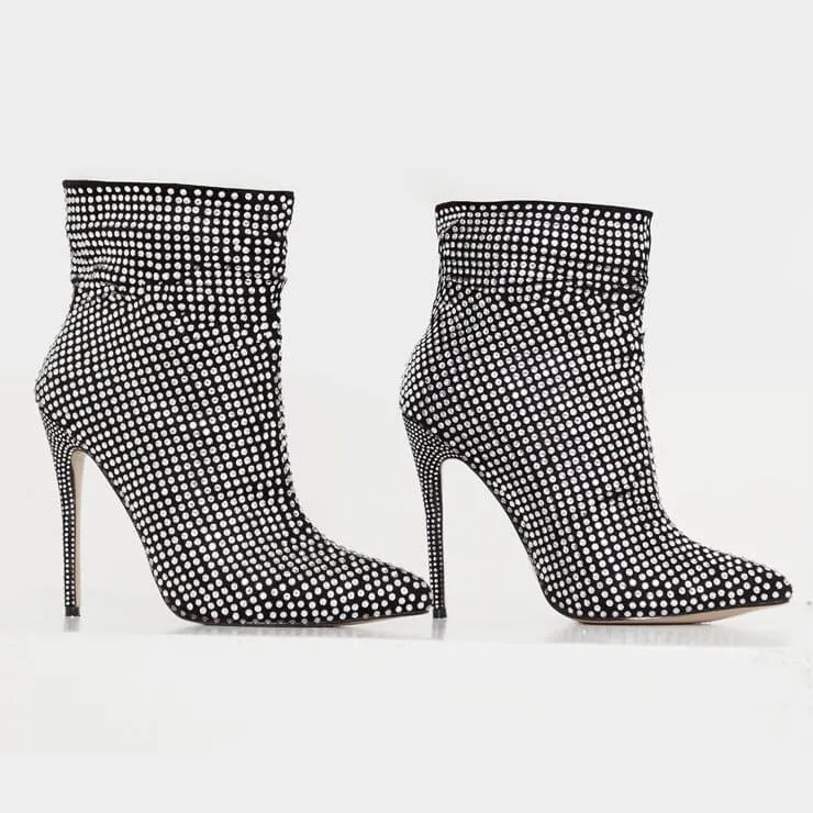 Black Rhinestone Pointed Toe Ankle Boots