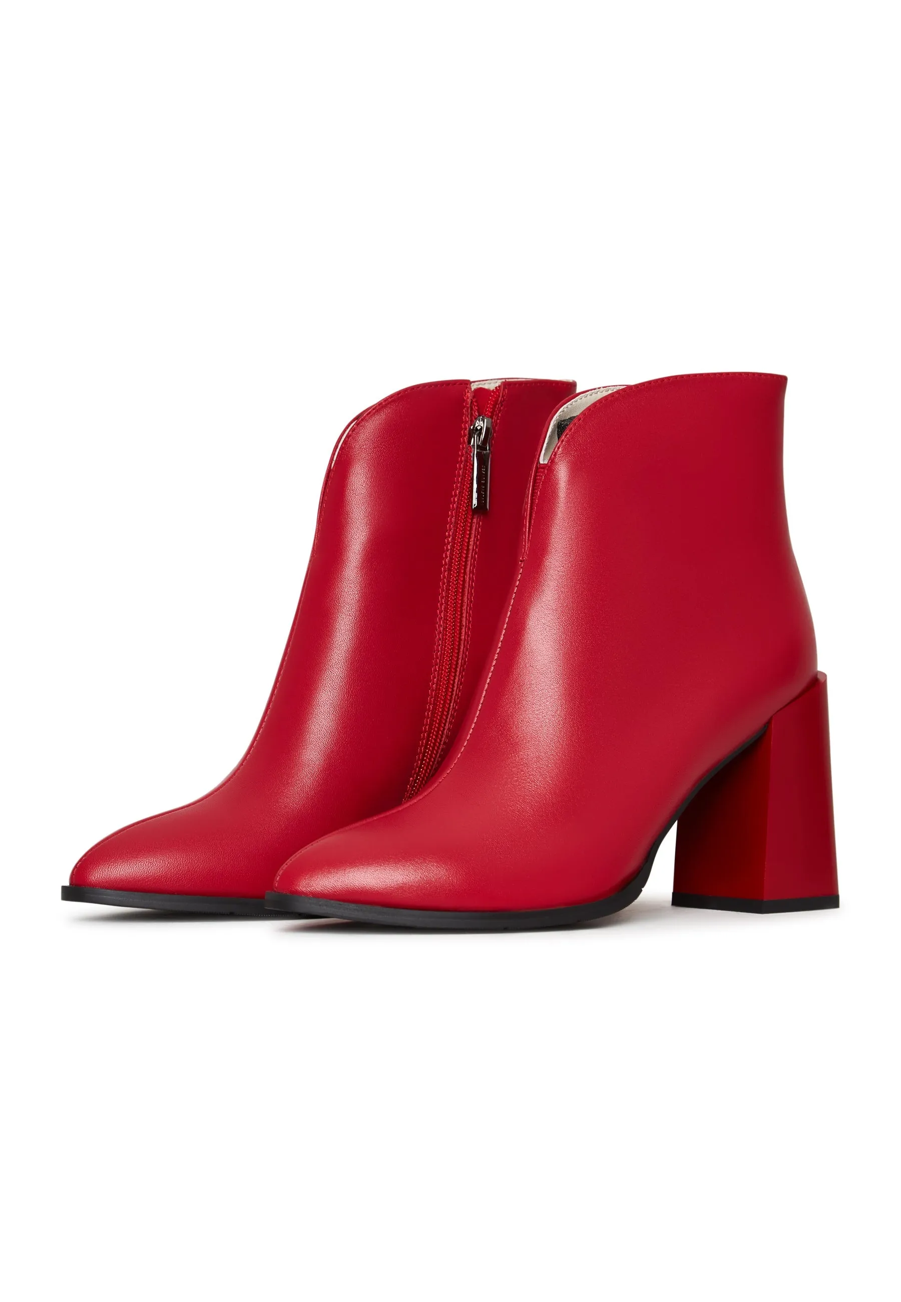 Classic Leather Block Heel Ankle Boots - Red