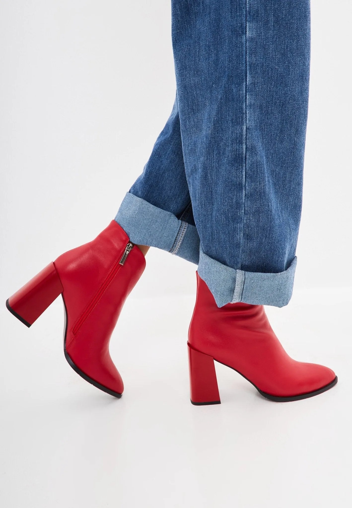 Classic Leather Block Heel Ankle Boots - Red