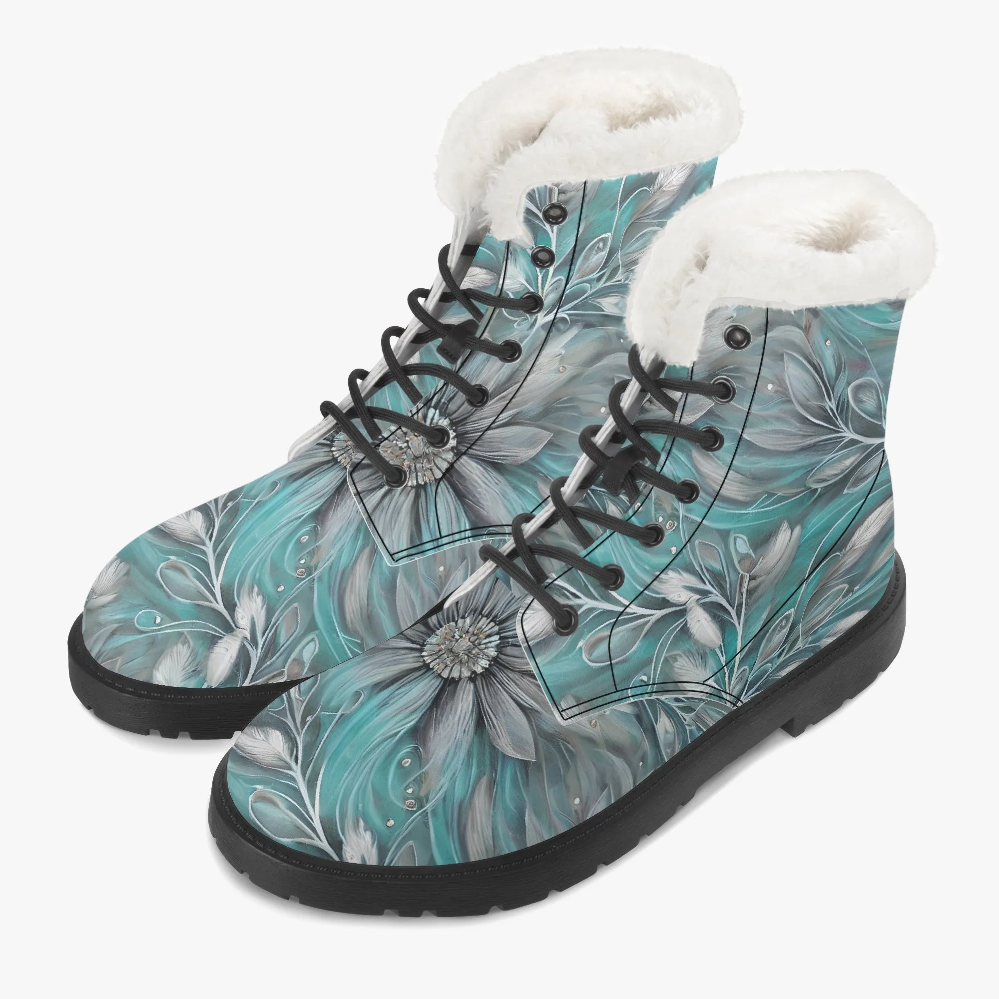 Faux Fur Leather Boots Elegant Greenery Floral