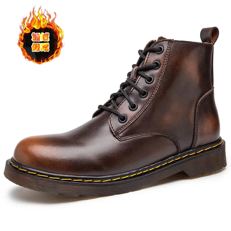 Hnzxzm Leather Boots Men's High-top British Retro Vintage Boots Plush Warm Boots Fashion Casual Boots Winter High Quality Boots