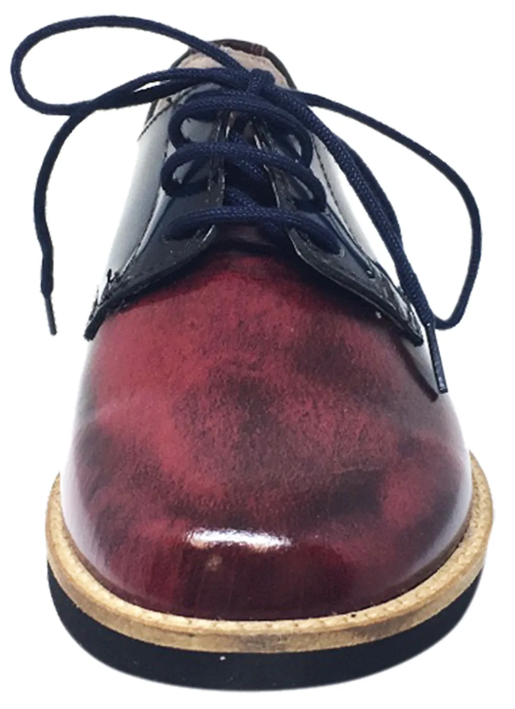 Hoo Shoes Boy's and Girl's Mark's Smooth Patent Leather Navy Burgundy Red Dual Color Lace Up Oxford Shoe