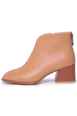 Leather Block Heel Ankle Boots - Brown