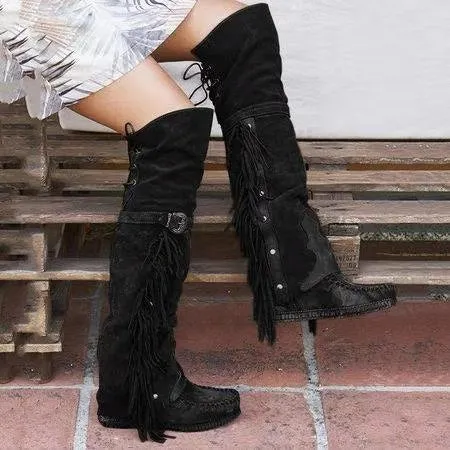 Over The Knee Moccasins With Fringe Beige Brown Black Olive Green Or Burgundy Wine Vegan Suede Lace Up And Stay Up Buckle Boho Knee High Boots