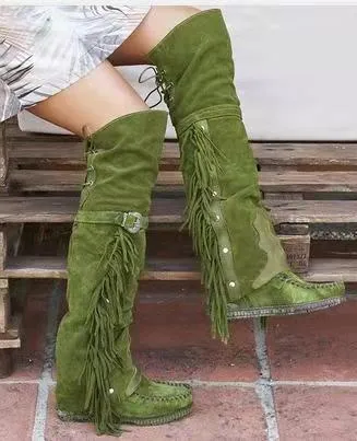 Over The Knee Moccasins With Fringe Beige Brown Black Olive Green Or Burgundy Wine Vegan Suede Lace Up And Stay Up Buckle Boho Knee High Boots