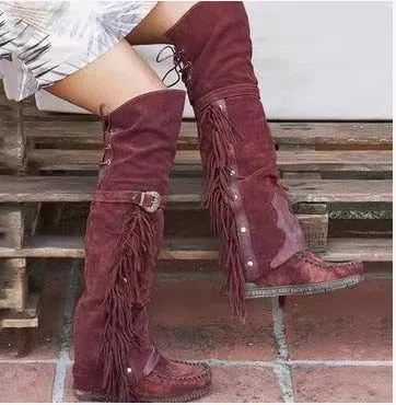 Over The Knee Moccasins With Fringe Beige Brown Black Olive Green Or Burgundy Wine Vegan Suede Lace Up And Stay Up Buckle Boho Knee High Boots