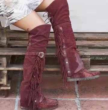 Over The Knee Moccasins With Fringe Beige Brown Black Olive Green Or Burgundy Wine Vegan Suede Lace Up And Stay Up Buckle Boho Knee High Boots