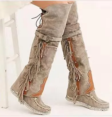 Over The Knee Moccasins With Fringe Beige Brown Black Olive Green Or Burgundy Wine Vegan Suede Lace Up And Stay Up Buckle Boho Knee High Boots