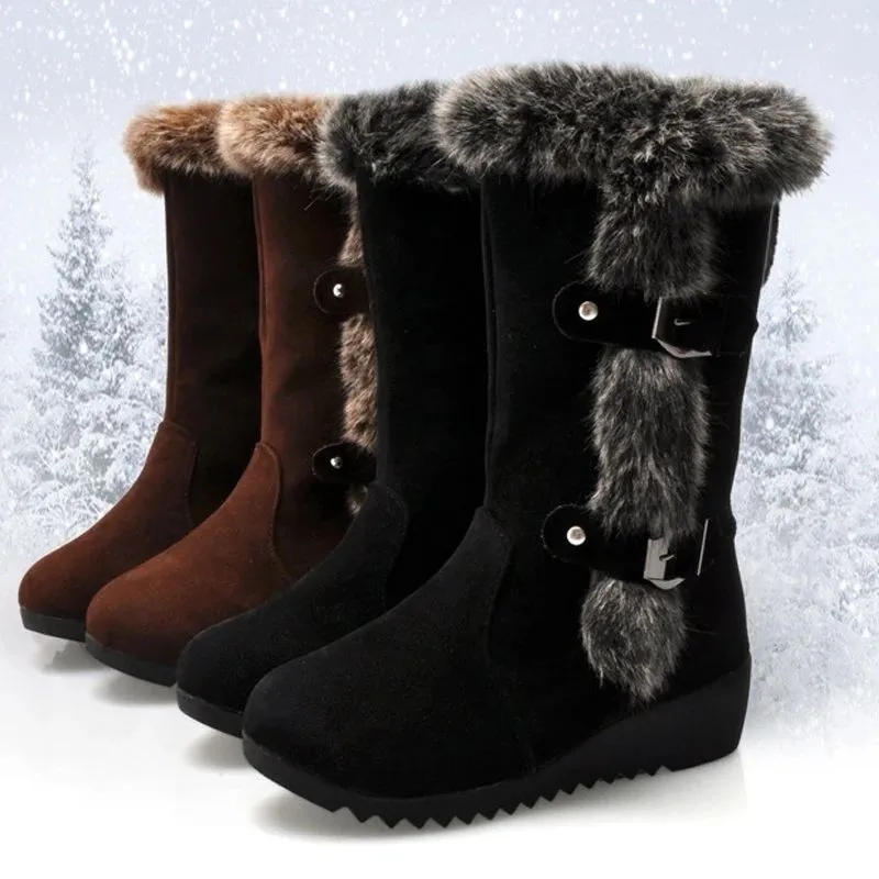 Premium Fashion Women Winter Fur Lined Mid-Calf Wedge Snow Boots 2024