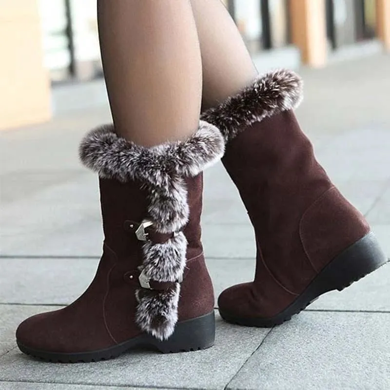 Premium Fashion Women Winter Fur Lined Mid-Calf Wedge Snow Boots 2024