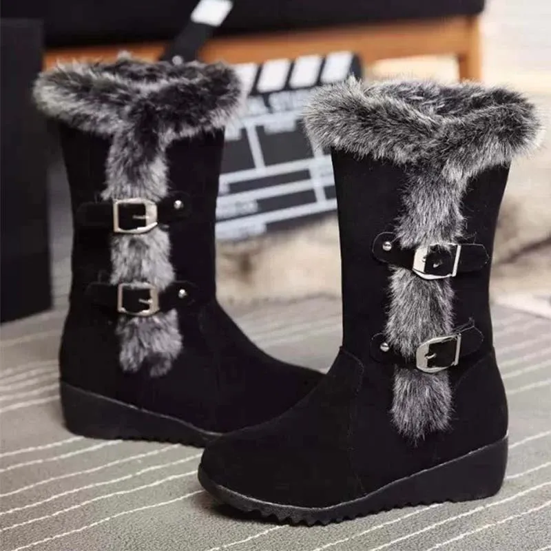 Premium Fashion Women Winter Fur Lined Mid-Calf Wedge Snow Boots 2024