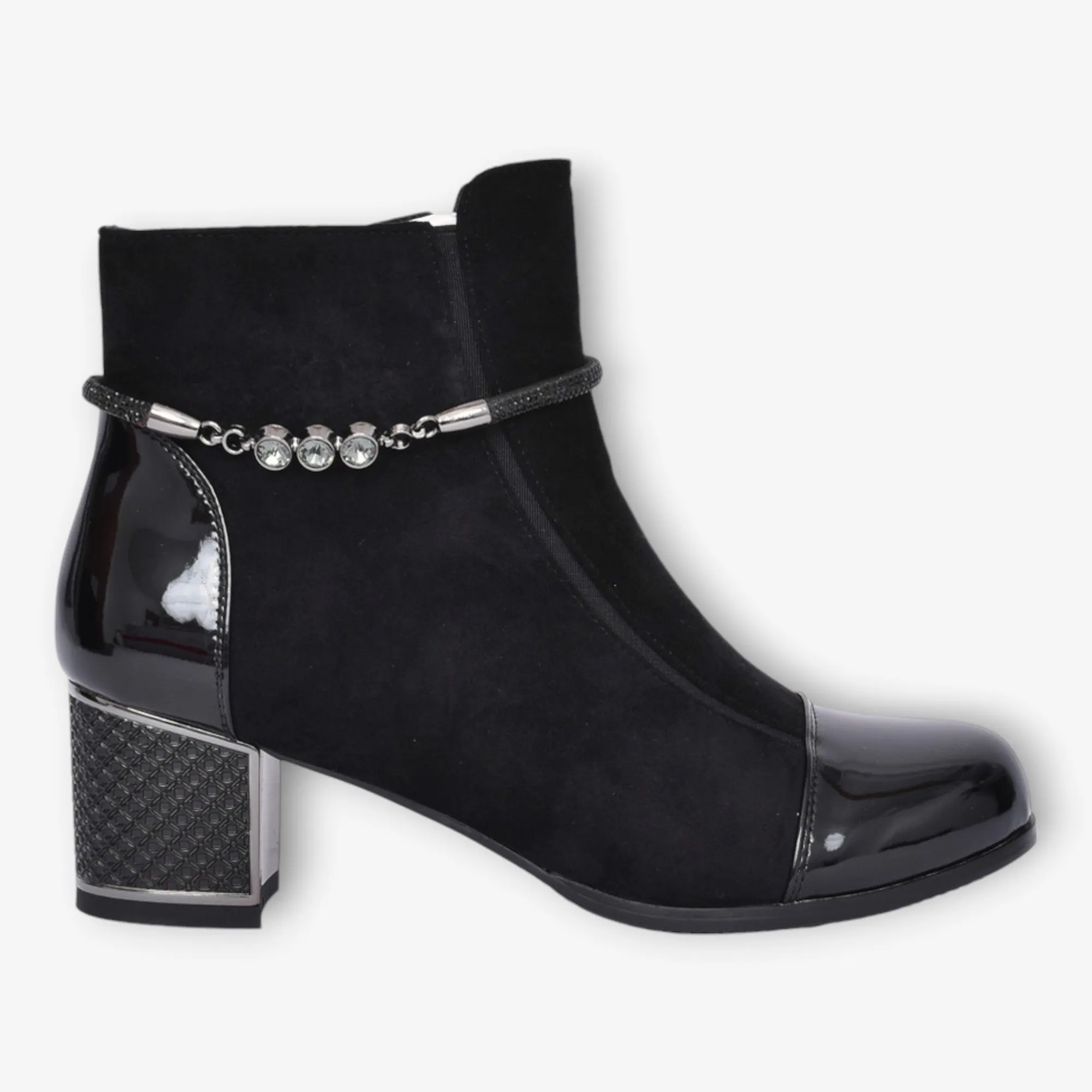 Redz Synthetic Suede Ankle Boots with Diamante Belt and Block Heel