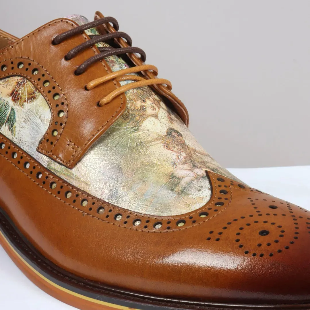 Scott - Men's Brown Iconic Print Leather Brogue Shoes