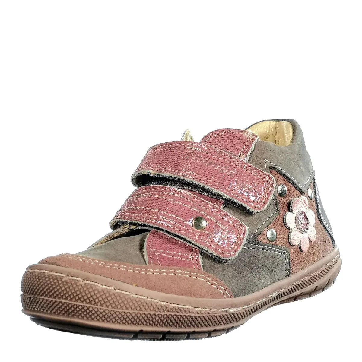 Szamos Kid Girl Sneakers Grey With Pink Sole And Velcro Straps Flower In Star Decor - Made In Europe