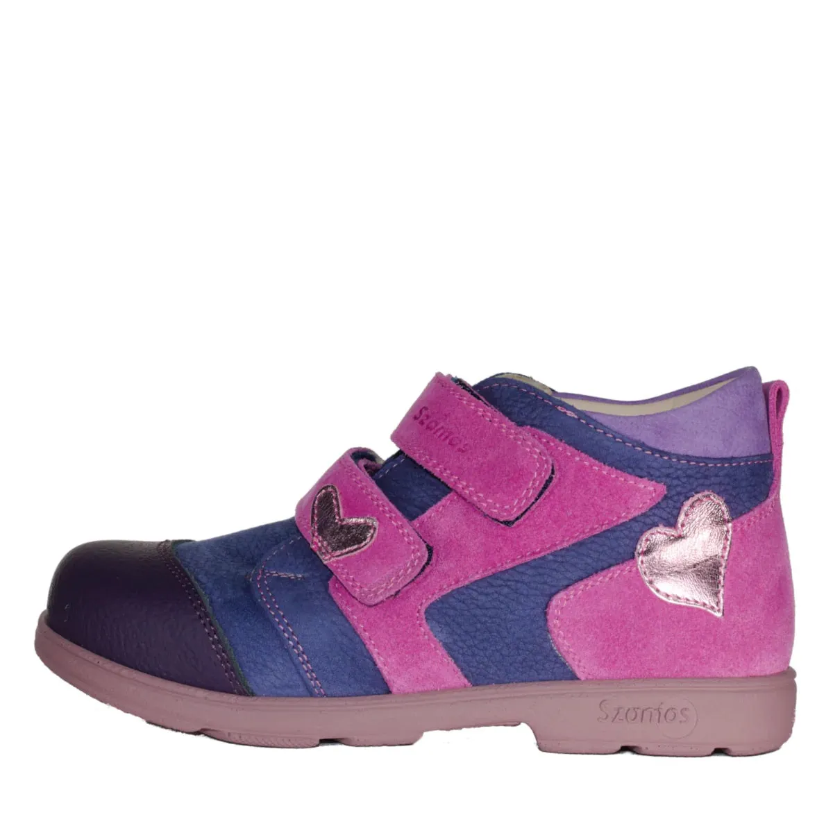 Szamos Kid Girl Supinated Sneakers Purple With Fuxia Velcro Straps And Heart Decor - Made In Europe