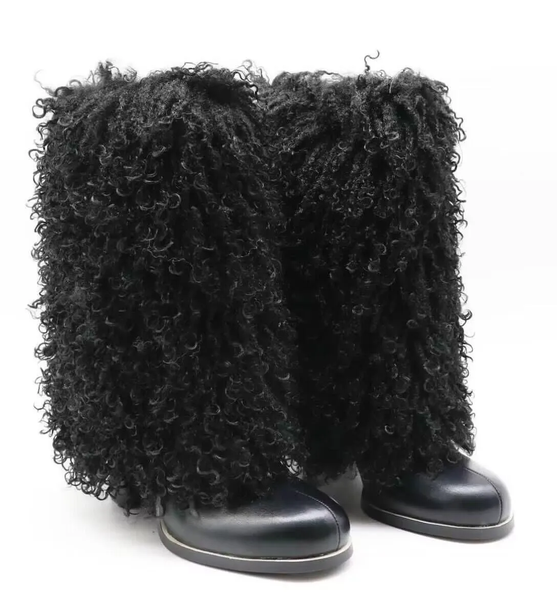 Women's Autumn Winter High-Heeled Real Cowhide Boot With Fluffy Real Mongolian Sheep Fur Boots Furry Thick Heeled Boot