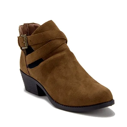 Women's BAL-05W Cut Out Belted Slip On Ankle High Suede Boots