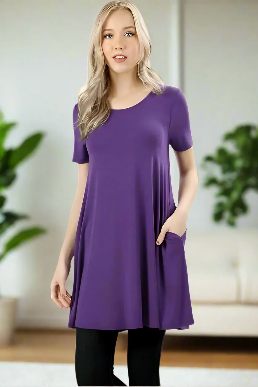 Womens Purple Pocket Dress, Short Sleeve Shift Dress, Sizes S/M/L/XL, Dark Purple