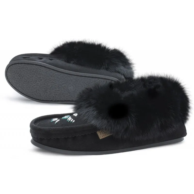 Women's Rabbit Fur Thunderbird Beaded Crepe Sole Moccasins Black