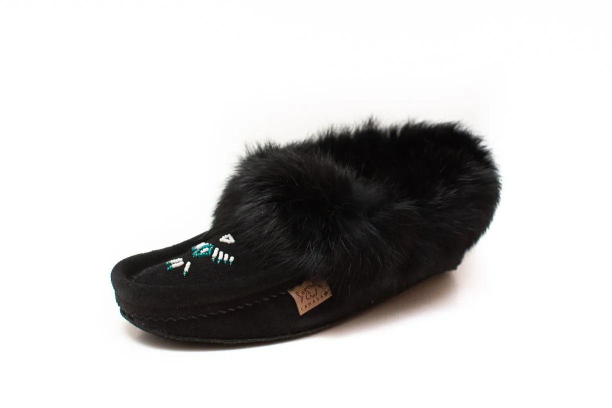 Women's Rabbit Fur Thunderbird Beaded Crepe Sole Moccasins Black