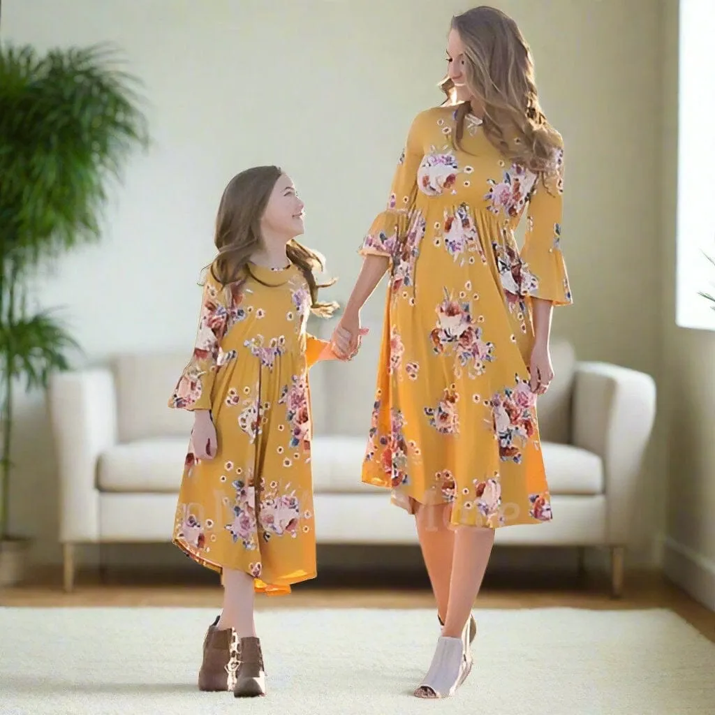 Womens Yellow Floral Long Dress, Bell Sleeve Dress, Matching Mom and Me Dresses, Sizes 4/6/8/10, Yellow/Pink