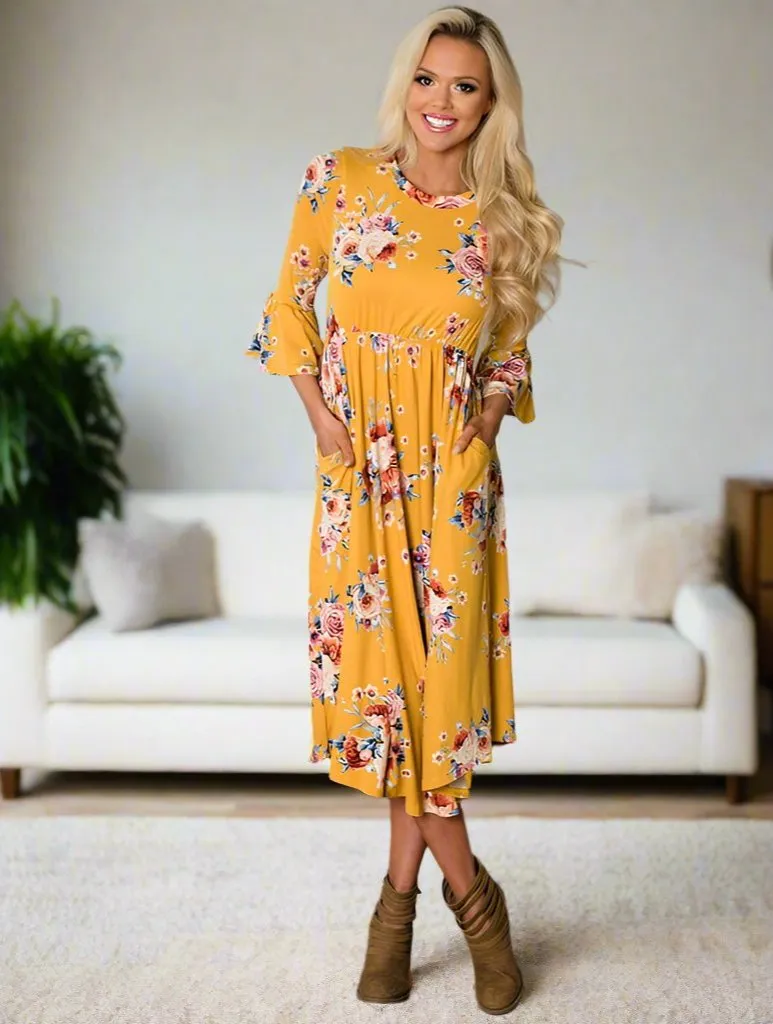 Womens Yellow Floral Long Dress, Bell Sleeve Dress, Matching Mom and Me Dresses, Sizes 4/6/8/10, Yellow/Pink